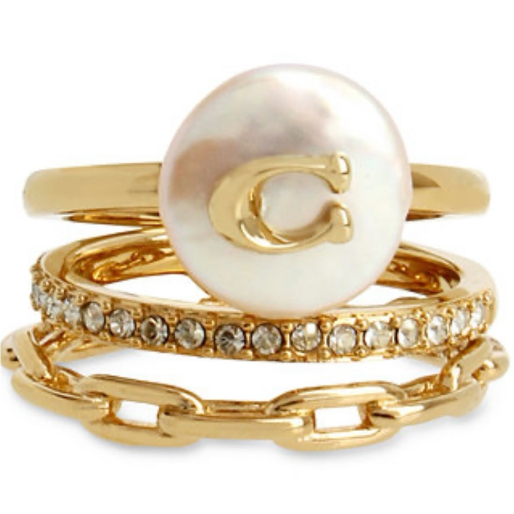 Coach Goldtone Pave, Chain and Pearl Accent Ring Trio